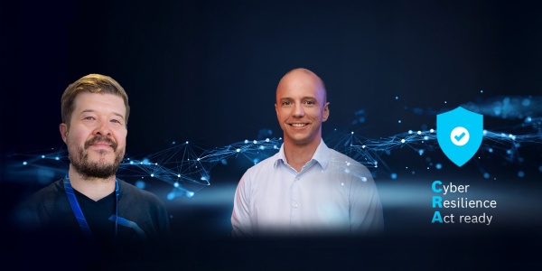 Das Bild zeigt die zwei Cybersecurity Experten Michael Langfinger und Sebastian Krauskopf. Der Hintergrund ist dunkel und man kann eine vernetzte Welt erkennen.