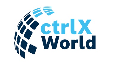 The text “ctrlX World” appears in light and dark blue next to dots arranged in a semicircle.