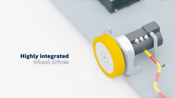Es wird ein Radantrieb für ein Paket mobiler Robotiklösungen vorgestellt, zusammen mit der Aufschrift „Highly integrated wheel drives“.