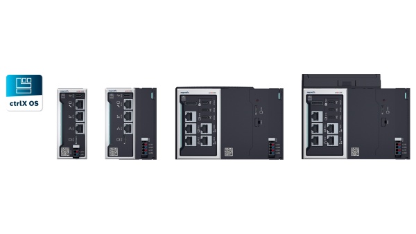Die Steuerungsplattform ctrlX CORE wird in vier verschiedenen Varianten vorgestellt. Daneben befindet sich das Symbol der Linux-basierten Betriebssystemanwendung ctrlX OS, die auf dem ctrlX CORE-Controller läuft.