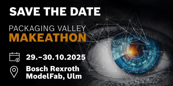 Das Bild zeigt die Veranstaltung „Packaging Valley Makeathon“ am 29. und 30.10.2025 bei Bosch Rexroth ModelFab in Ulm.