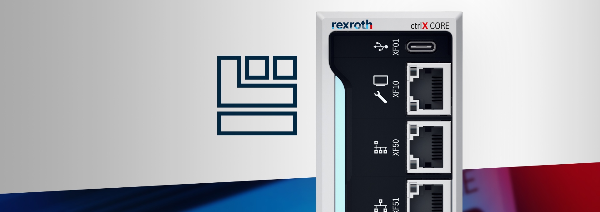 Schmuckbild zeigt die Industriesteuerung ctrlX CORE in Kombination mit dem Symbol für das industrielle, Linux-basierte Betriebssystem ctrlX OS