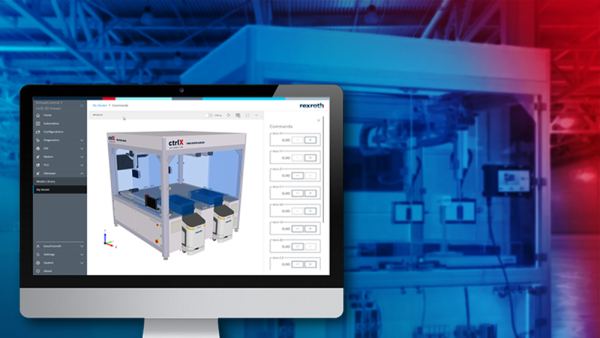 Bild eine Computer-Monitors mit einer geöffneten ctrlX WORKS Applikaiton. Im Hintergrund ist eine Produktionsmaschine zu sehen. Die ctrlX WORKS Applikaiton zeigt den digitalen Zwilling der Maschine.