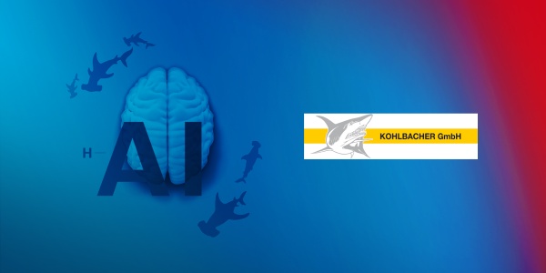 Stylized human brain swarmed by five hammerhead shark shadows. The image bears the inscription: H - AI. The logo of the Kohlbacher company is displayed.