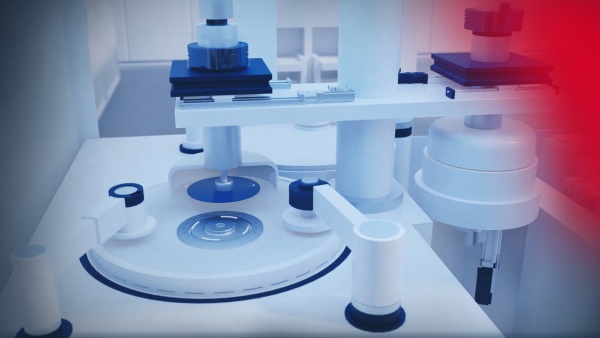 The image shows the wafer handling process in the semiconductor industry. The im-age is a rendering and has been color-coded from blue to red.