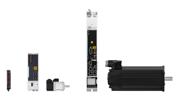 Shown are various products from the ctrlX DRIVE family: a servo terminal for the ex-tra-low voltage range, cabinet-free servo drive technology, a modular servo drive, and a servo motor.