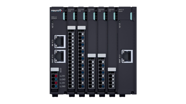 Das Bild zeigt verschiedene ctrlX I/O Module angereiht an einen Buskoppler.