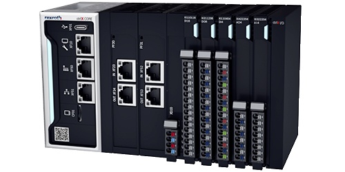 Bild der Industriesteuerung ctrlX CORE in der modularen Ausprägung X3 (COREX-M-X3), mit angereihten ctrlX I/O Modulen