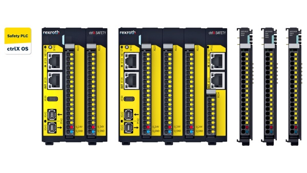 Images of various versions of the ctrlX SAFETY hardware, as well as a yellow-and-white app icon labeled “ctrlx OS Safety PLC.”