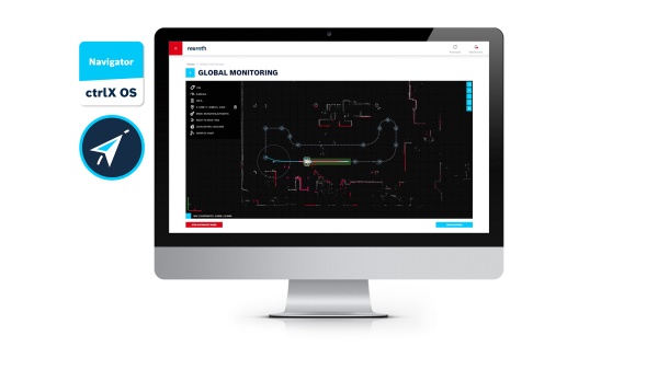 The static screen shows a black background with white patterns and an arrow tracing a path marked by waypoints. Above it reads “Global Monitoring.”