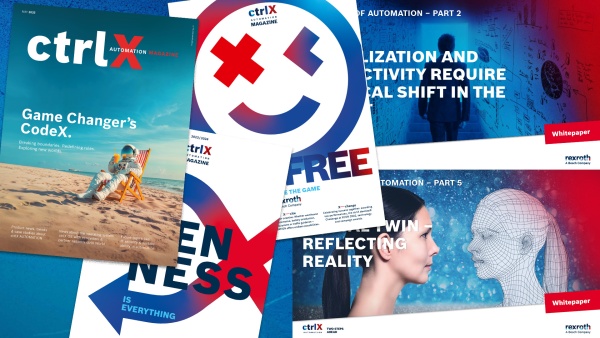 Picture shows different covers of ctrlX AUTOMATION magazines and whitepapers
