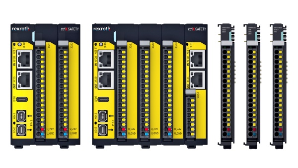 Kontroler bezpieczeństwa ctrlX SAFETY jest pokazany w dwóch różnych wariantach oraz z trzema wejściami/ wyjściami bezpieczeństwa.
