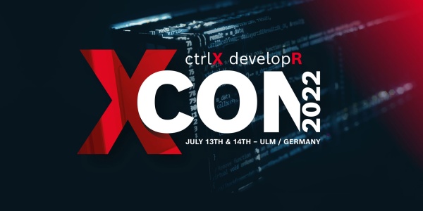 Schriftzug der ctrlX developR Confrence (XCON 2022). Im Hintergrund ist eine ctrlX CORE Industriesteuerung zu sehen.
