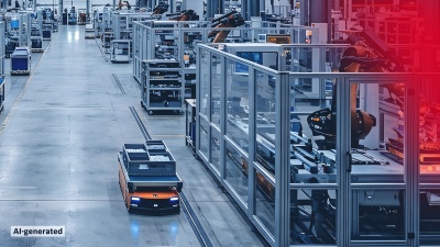 An orange AGV loaded with crates travels through an automated assembly hall.