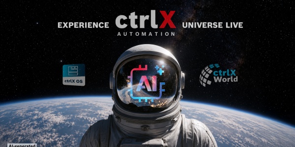 The image shows an astronaut on the moon. A lettering with AI is printed on his helmet. In space behind the astronaut, you can see the ctrlX OS app icon and the ctrlX World logo. (Image: AI generated)