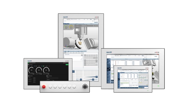 Gruppenbild des Produktportfolios von ctrlX HMI bestehend aus Panel-PC, Web-Panels, Displays und Maschinenbedienfeldern