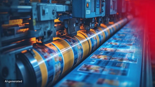 Das Bild zeigt eine Maschine beim Etikettendruck. Es wurde ein Farbfilter im Verlauf blau zu rot über das Bild gelegt.