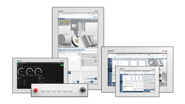 Das Bild zeigt verschiedene ctrlX HMI-Geräte, wie z.B. Display, Web Panel, Housed Panel PCs und weitere Geräte des ctrlX HMI Portfolios.