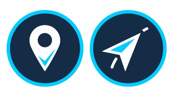 Two dark blue circles with light blue borders, one of which contains a location pin and the other a navigation arrow.