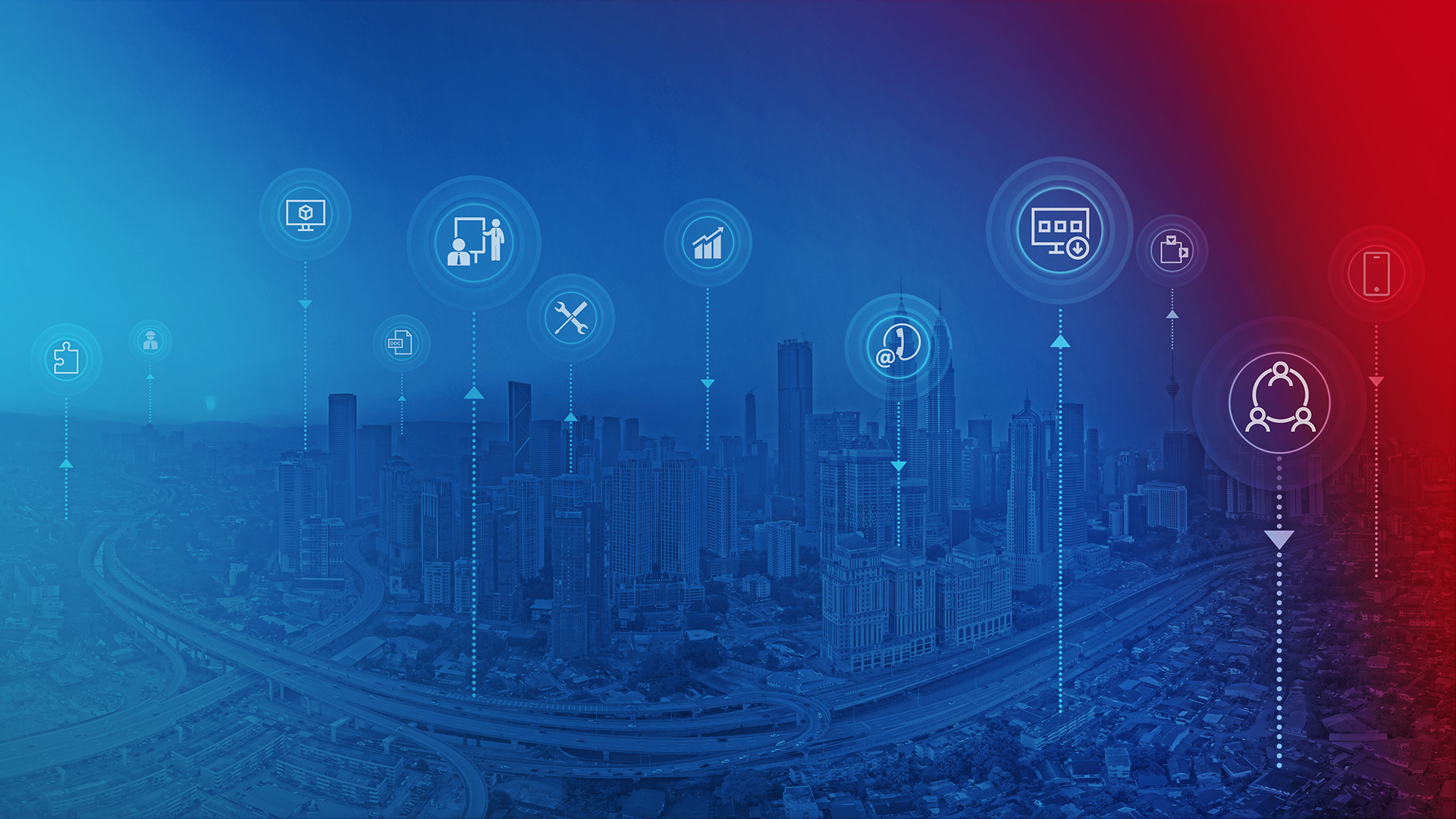 Panorama of a large city with suggested digital touchpoints and applications.