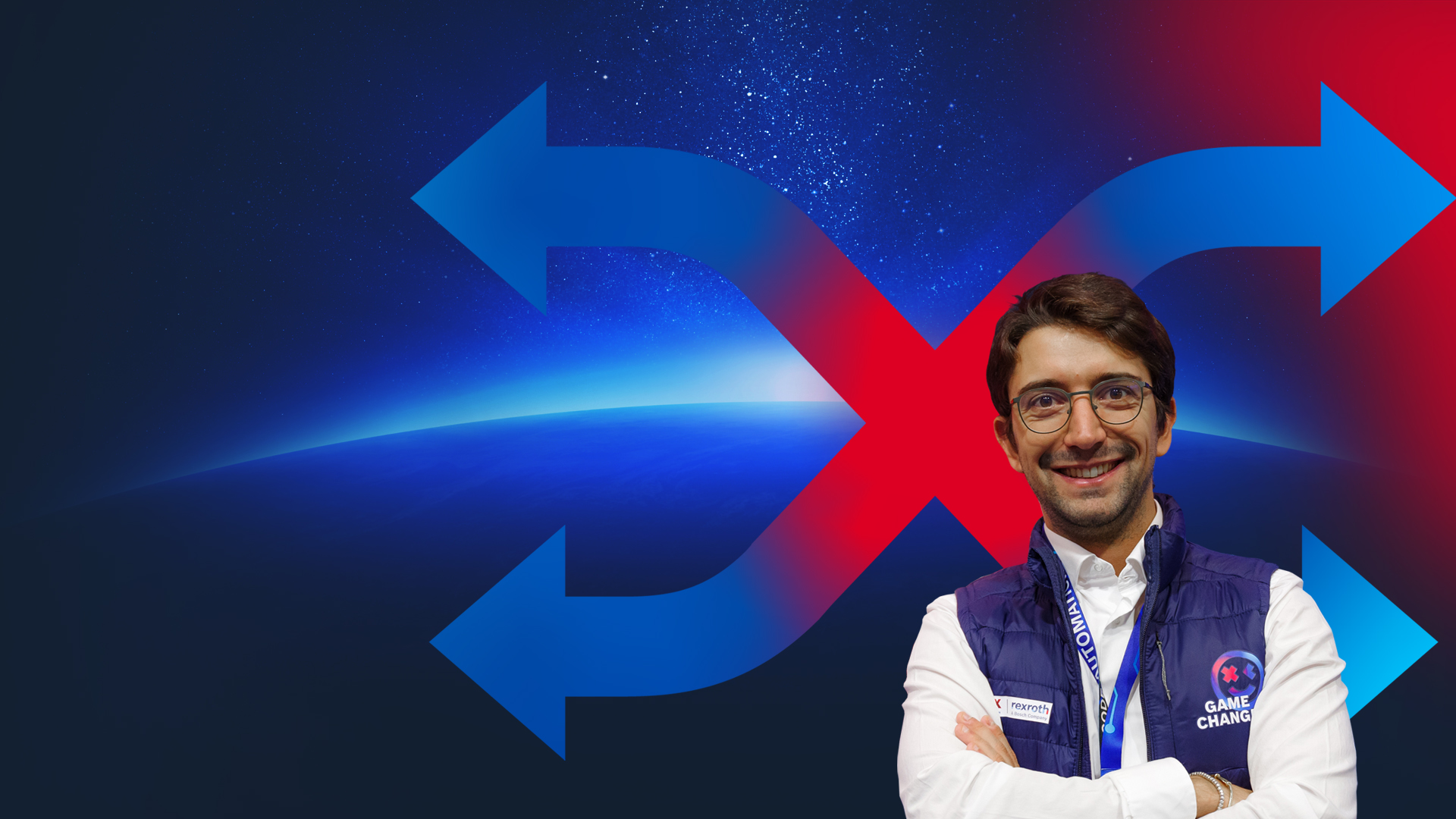 Portraitansicht eines ctrlX developRs vor einem bunten Hintergrund mit einem „ctrlX AUTOMATION Icon“