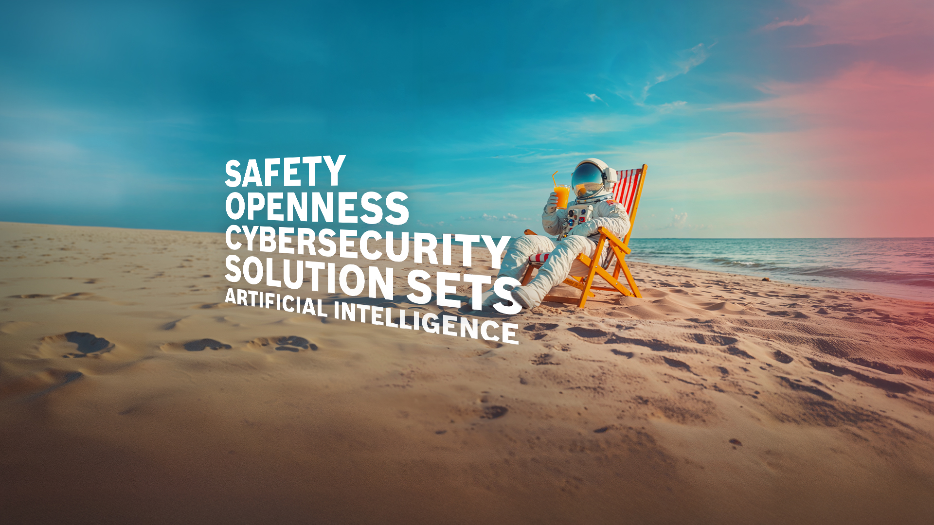 Picture shows an astronaut sitting on the beach in a deck chair and drinking a cocktail. The following trend topics can be seen in the form of lettering in the picture: SAFETY, OPENNESS, CYBERSECURITY, SOLUTION SETS, ARTIFICIAL INTELLIGENCE.