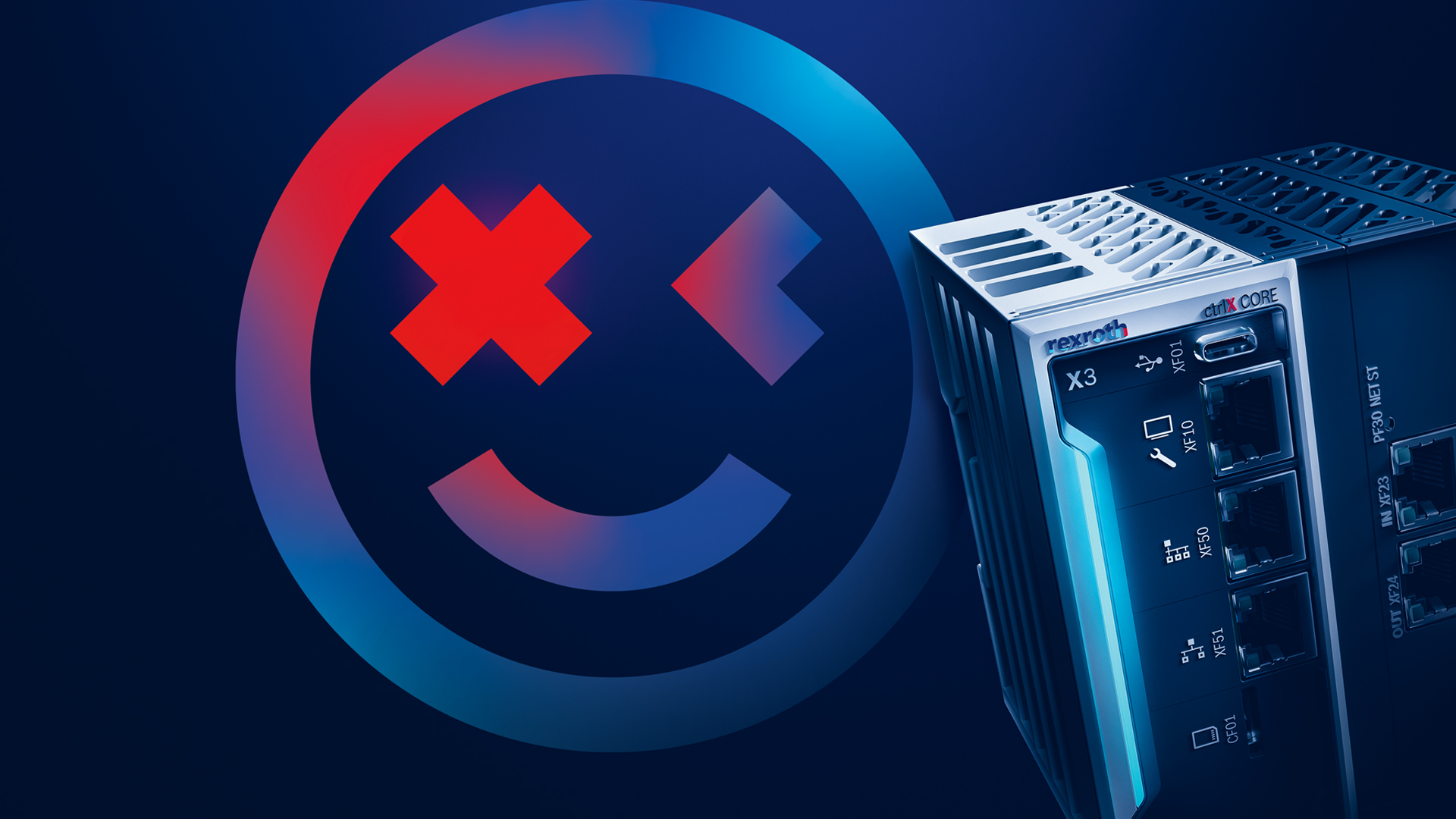 ctrlX AUTOMATION Keyvisuls with the Game Changer Smiley and the ctrlX CORE industrial controller