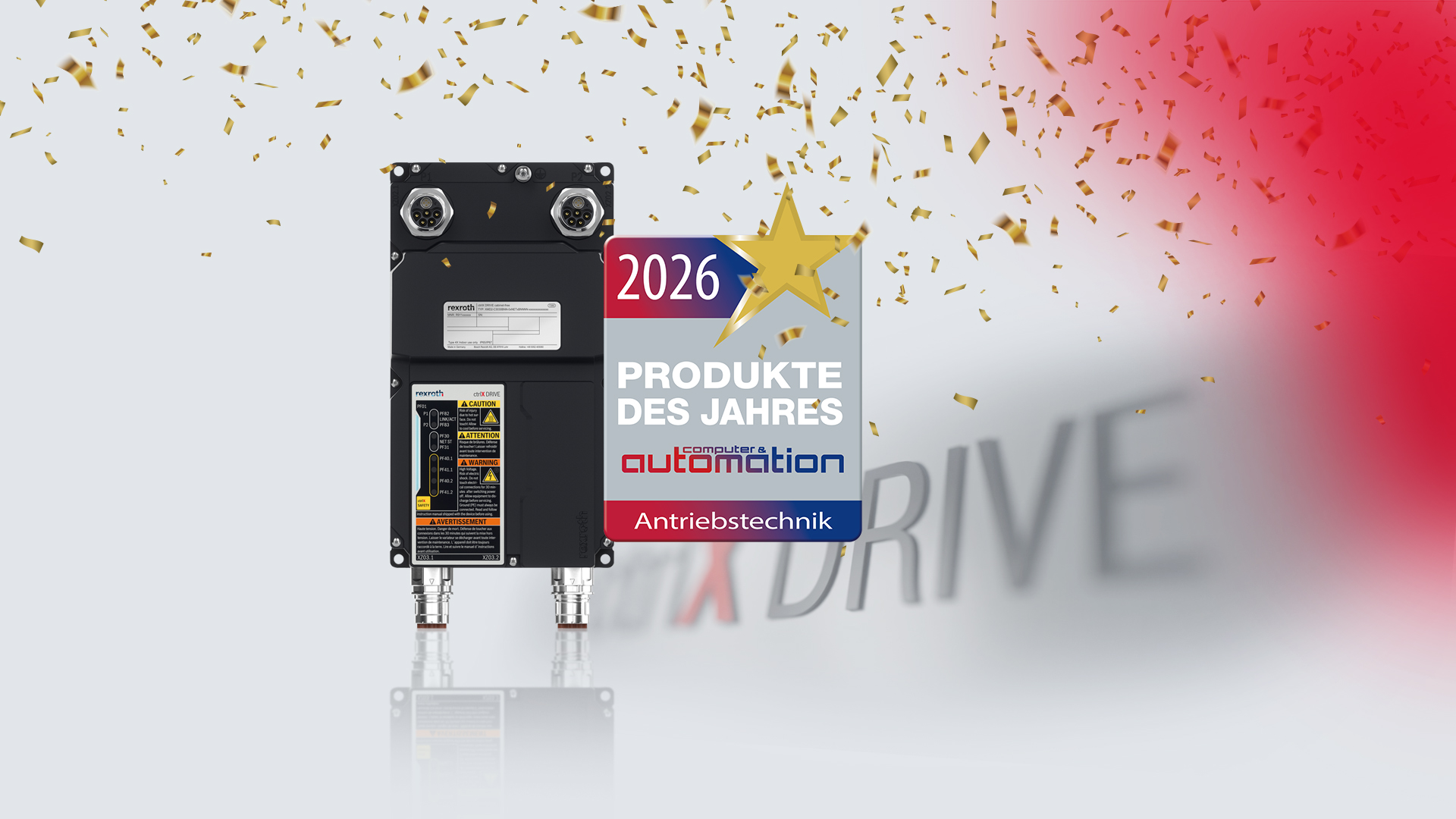 Bild zeigt den ctrlX DRIVE cabinet-free mit Auszeichnung als „Produkt des Jahres 2026“