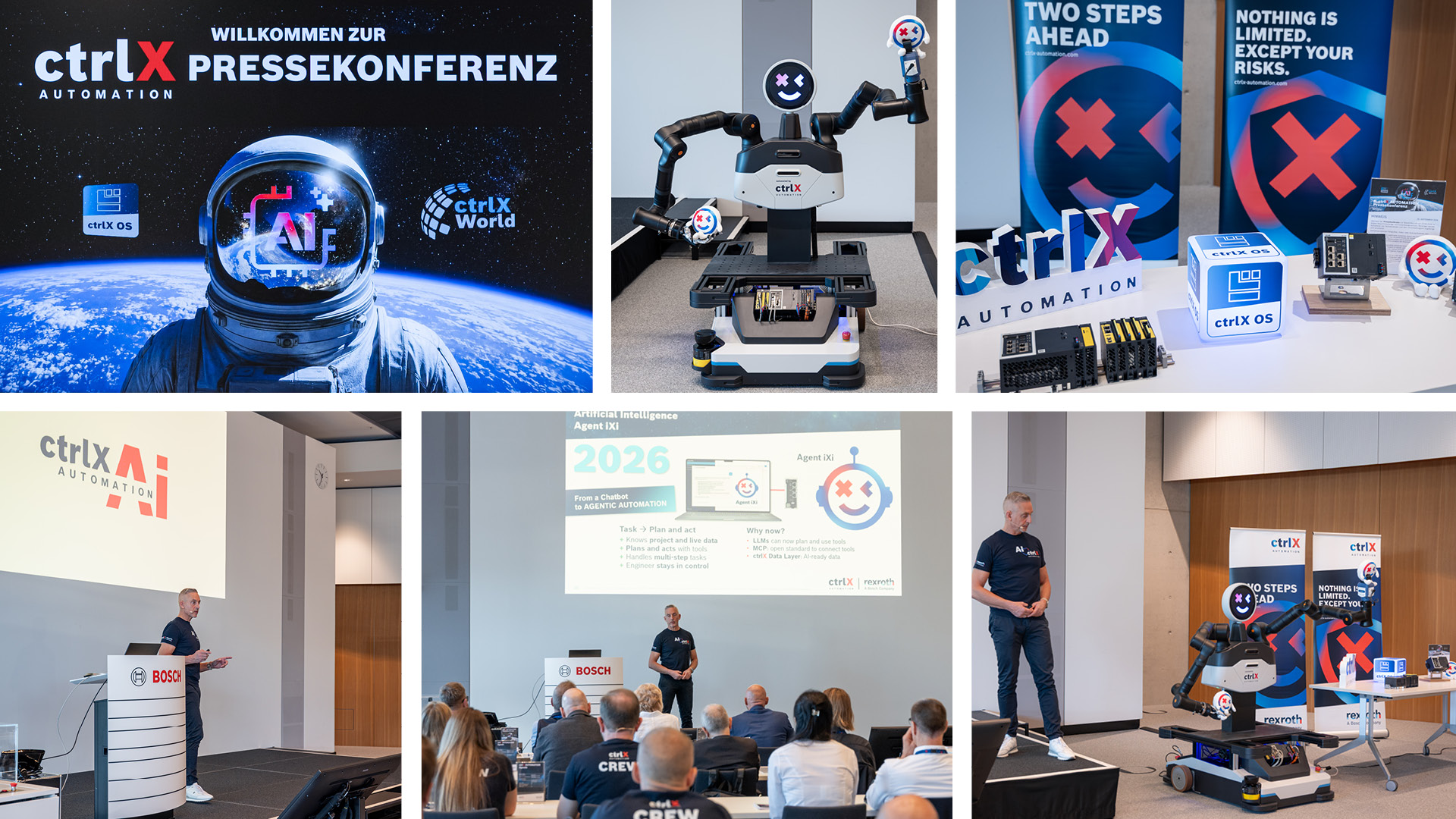 Photo collage from the ctrlX AUTOMATION Press Event 2026, showing impressions of keynotes, live demos on robotics & AI, and the audience.