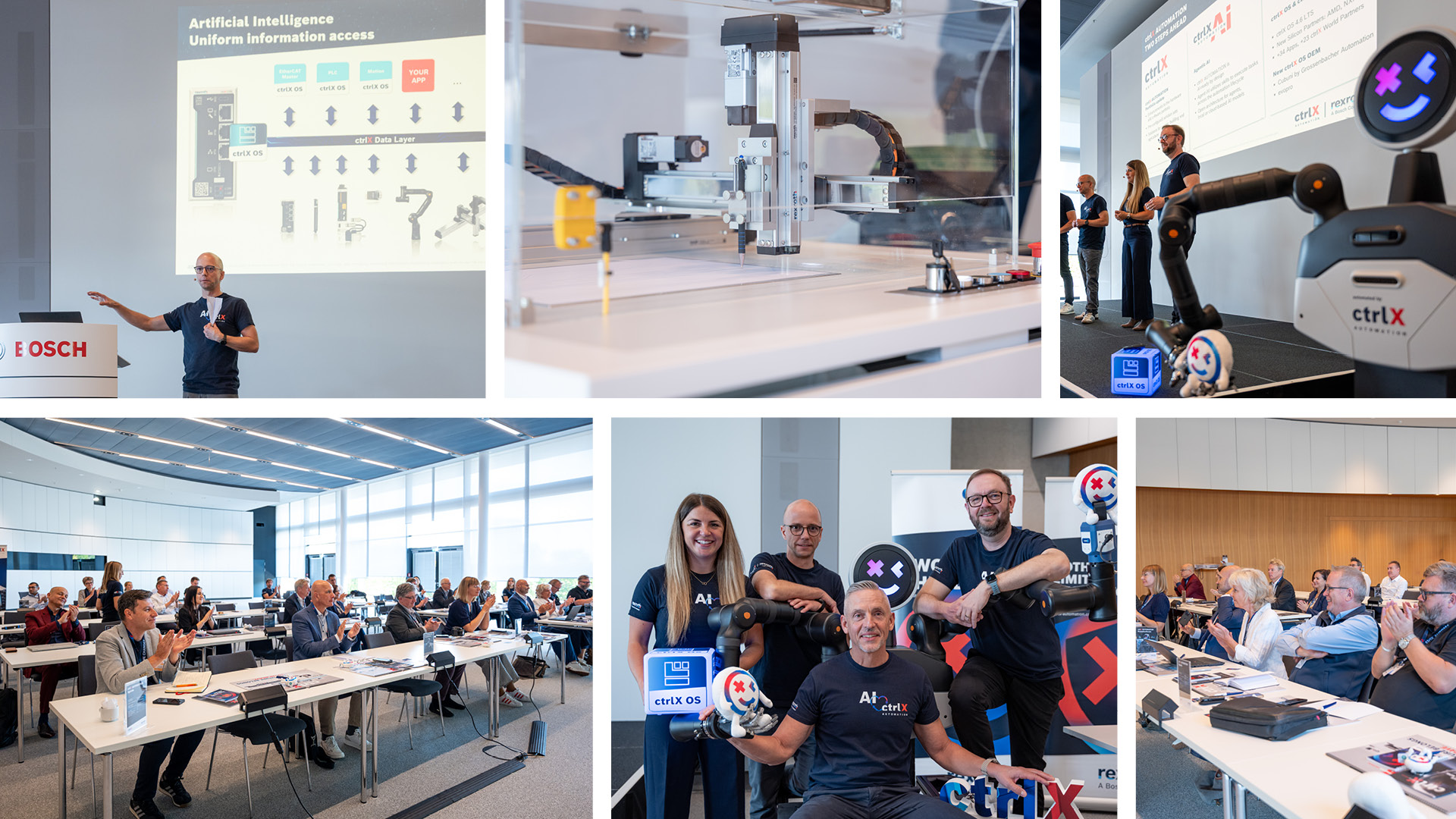 Photo collage from the ctrlX AUTOMATION Press Event 2026, showing impressions of keynotes, live demos on robotics & AI, and the audience.