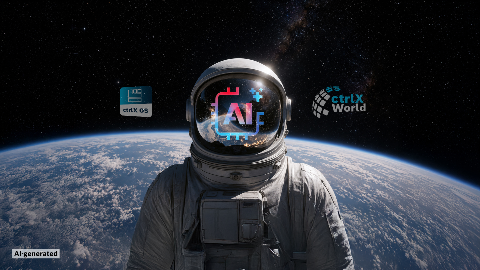 The image shows an astronaut on the moon. A lettering with AI is printed on his helmet. In space behind the astronaut, you can see the ctrlX OS app icon and the ctrlX World logo. (Image: AI generated)