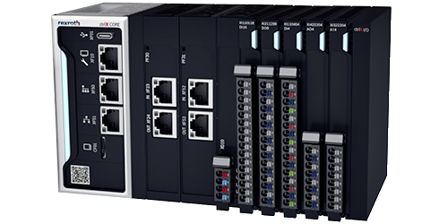 Bild der Industriesteuerung ctrlX CORE in der modularen Ausprägung X3 (COREX-M-X3), mit angereihten ctrlX I/O Modulen