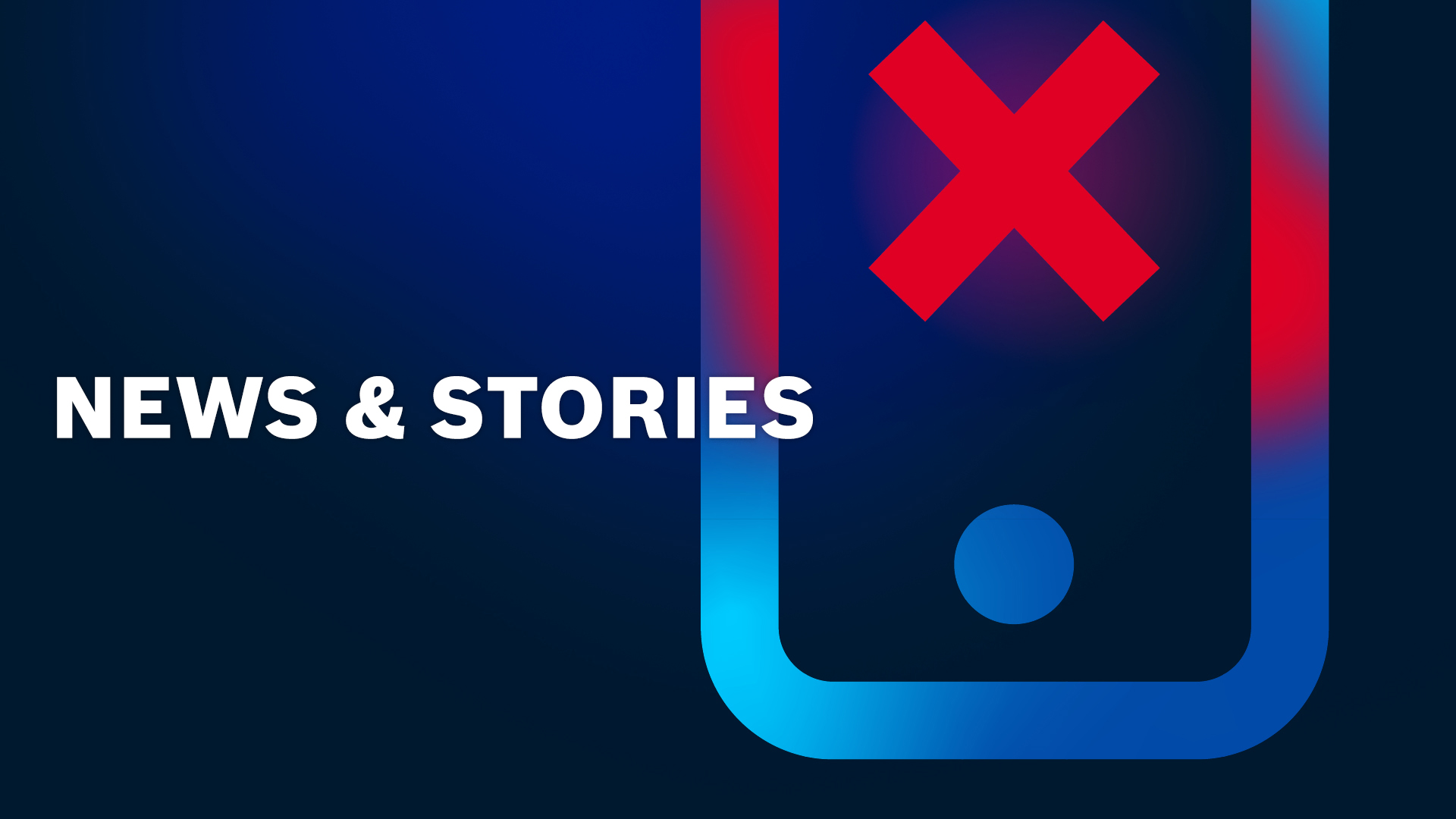 Blue background with a red smartphone icon and copy text saying: NEWS & STORIES.