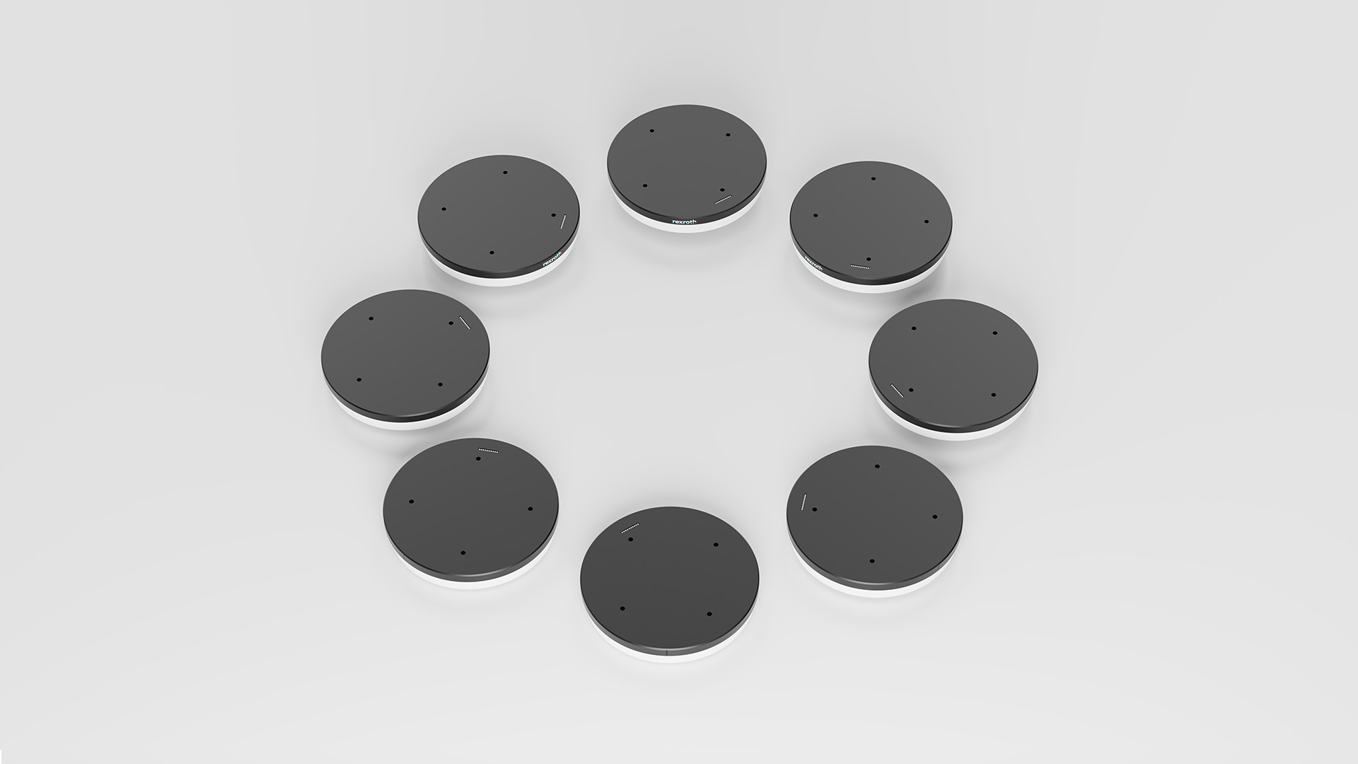 Eight workpiece carriers of the contactless planar system ctrlX FLOW6D, which enables movements in 6 degrees of freedom such as simultaneous rotation, travel and tilt