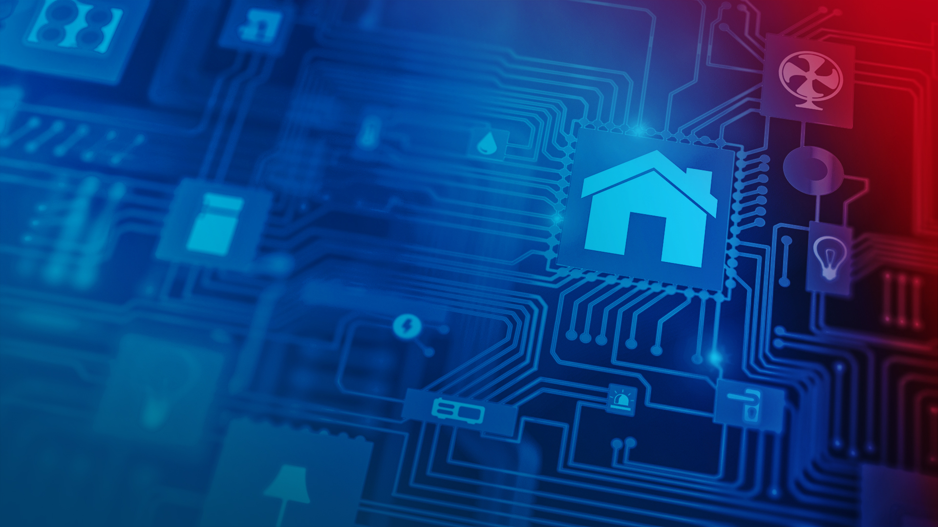 Circuit board on which the components are marked with symbols from building automation, e.g. house, lighting, alarm, ventilation, air conditioning, energy